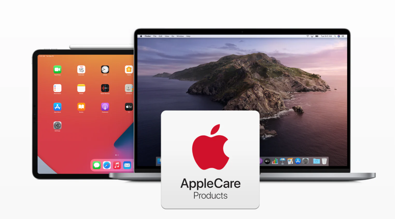 AppleCare Products logo displayed in front of an iPad and MacBook