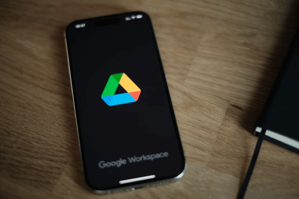 Smartphone showing Google Drive app on screen, a popular tech tool to go paperless