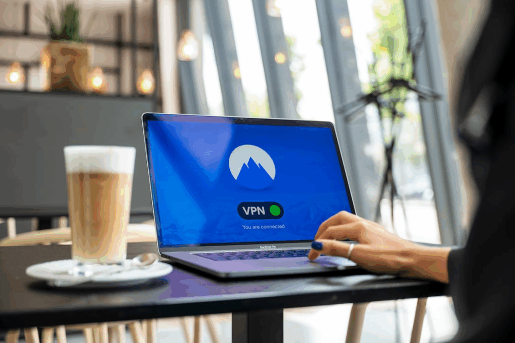 Laptop showing VPN connected screen in a café with a person using public Wi-Fi for secure browsing